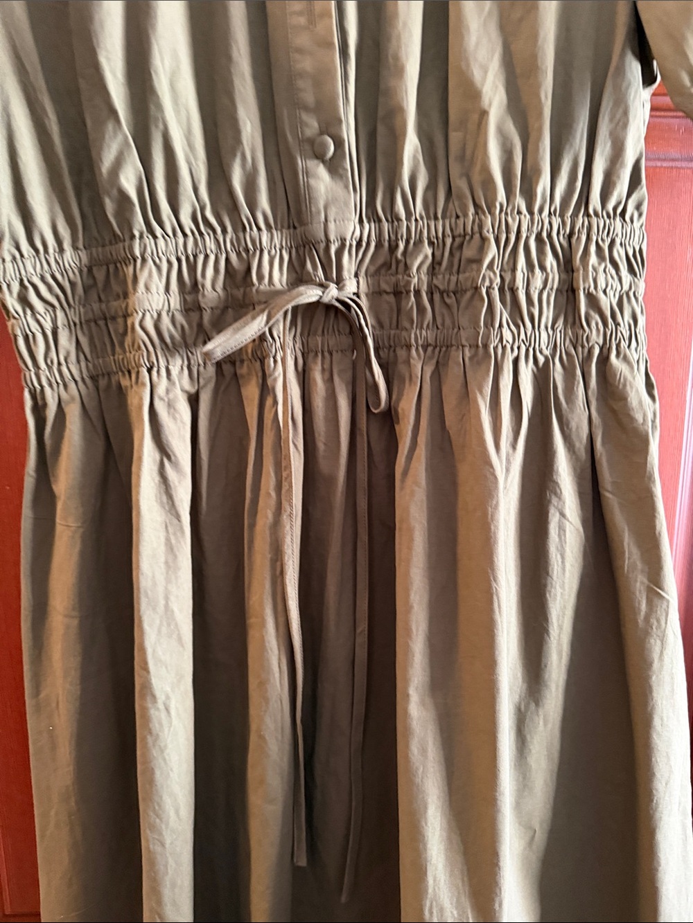 Olive Green Shirt Dress with Drawstring Waist Size L missing button New - Picture 3 of 6